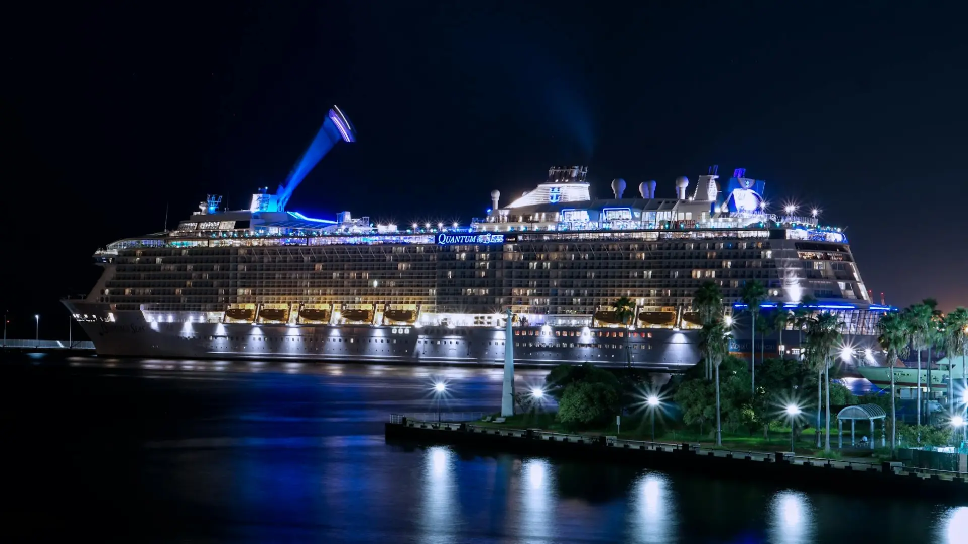 Lighted-Ship-on-Ocean-at-Night